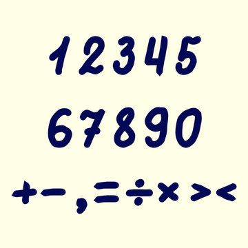 Handwritten numbers and mathematical symbols are isolated on a light background. Font for the design