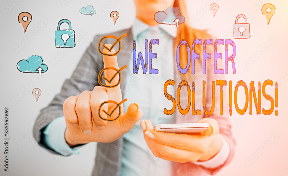 Poster handwriting text writing we offer solutions. conceptual photo way to solve problem or deal with diff