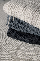 Knitted carpet or rug. Antique handmade carpet. Home hobby.