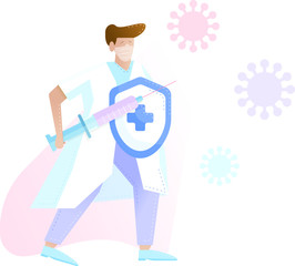 Vector Image of a doctor, holding a syringe with vaccine in his hands, who is fighting the coronovirus. Flat illustration