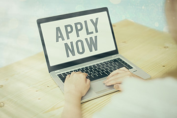 Writing note showing Apply Now. Business concept for An act of a demonstrating to acquire the job...