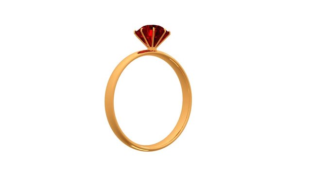 A gold ring with a gem rotates around its axis, isolated on a white background.