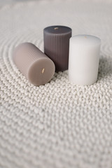 Knitted carpet or rug. Antique handmade carpet. Home hobby.