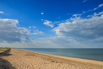 Fototapeta na wymiar Deserted sandy beach in summer on a sunny day
