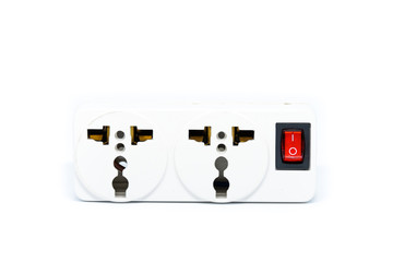 Power plug (power outlet) with red switch on or off isolated on white background - for home object concept.