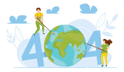 Modern vector illustration of 404 error. Page not found concept. Ecology concept of clean Earth Globe. Disconnection from the internet. Sad people witout connection