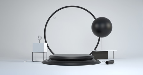 Display podium for product presentation.black and white podium concept.3d rendering,
