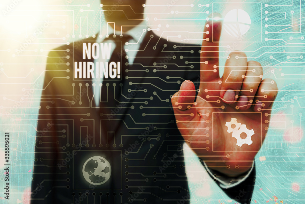 Poster writing note showing now hiring. business concept for finding evaluating working relationship with f