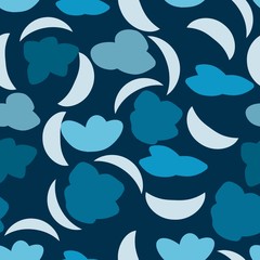 Cloudy night sky seamless pattern with moon, vector background.