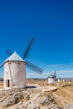 White windmills in Consuegra, La Mancha, Spain