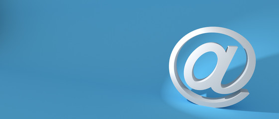 Email sign on blue wall background, banner, copy space. 3d illustration