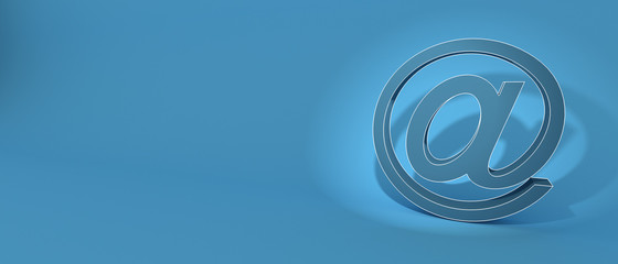 Email sign on blue wall background, banner, copy space. 3d illustration