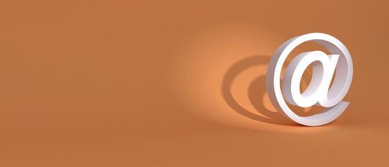 Email sign on orange wall background, banner, copy space. 3d illustration