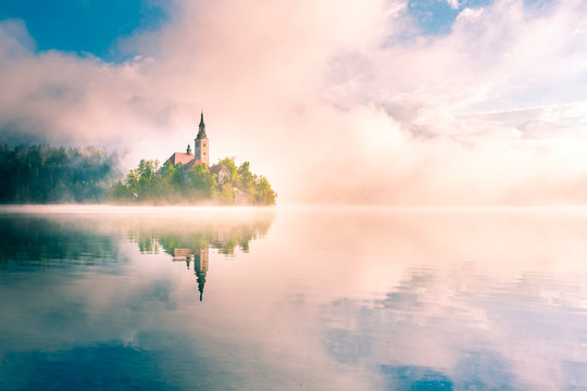 Bled Lake, Slovenia. A magic and unpredicted sunrise over the misty island