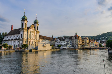 Fototapeta premium Jesuitenkirche and Reuss river, Luzern, Switzerland.