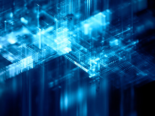 Abstract blue on black background. Fractal graphics 3d illustration. Science or technology concept.