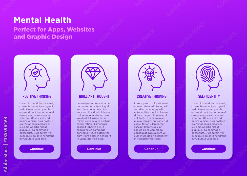 Poster mental health mobile user interface with thin line icons set: positive thinking, brilliant thought, 