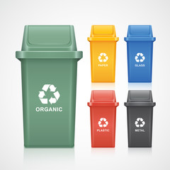 green, yellow, orange, red, blue and black recycle bins with recycle symbol isolated on white background vector illustration