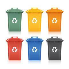green, yellow, orange, red, blue and black recycle bins with recycle symbol isolated on white background vector illustration