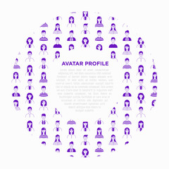 Concept of people's avatars in circle shape. Caucasian, young happy people in casual clothing. Vector illustration in flat style.