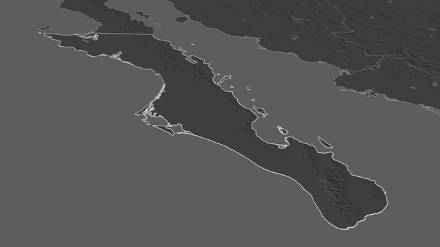 Baja California Sur, state with its capital, zoomed and extruded on the bilevel map of Mexico in the conformal Stereographic projection. Animation 3D
