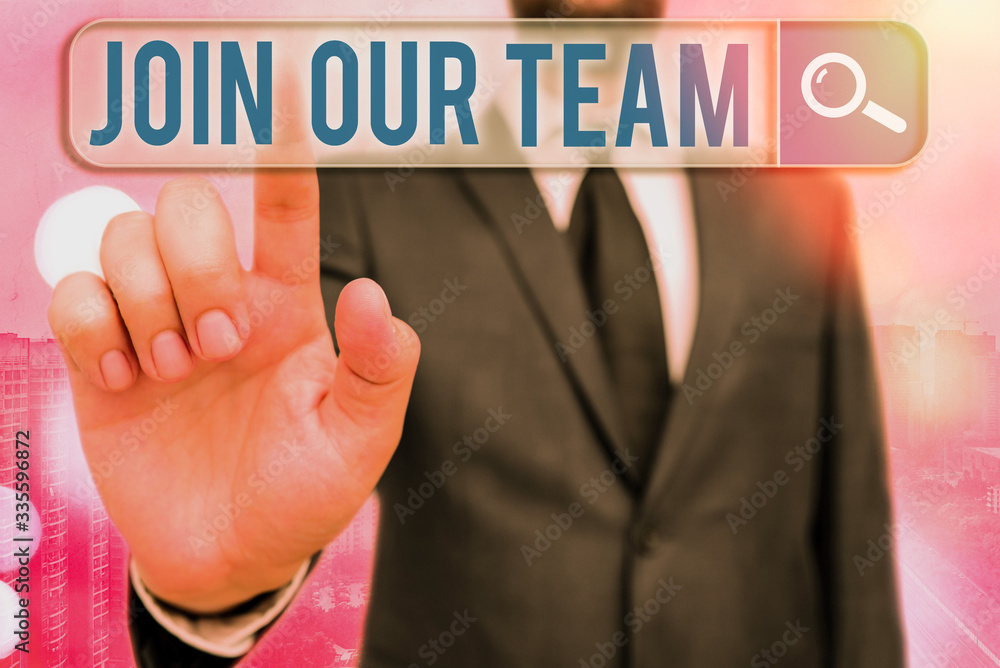 Poster writing note showing join our team. business concept for inviting someone into your local company or