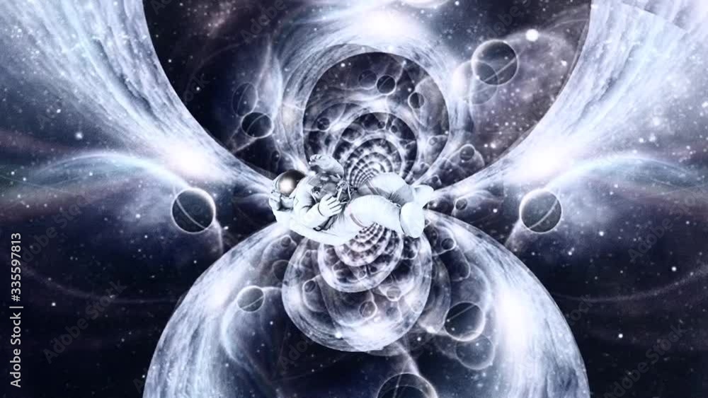 Poster astronaut in endless spaces. bright stars and planets