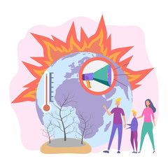 Changing of the climate. Burnt earth, fire in the forest, pollution of the planet. Global warming, greenhouse gas emissions. Colorful vector illustration.