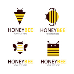 Honey bee set.  Set of bee labels for honey logo products. Flat style.