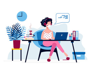 Stay at home, social distancing to protect from COVID-19, coronavirus protection concept. Woman with medical respiratory mask, works online from home. Call center operator. Quarantine, pandemic.