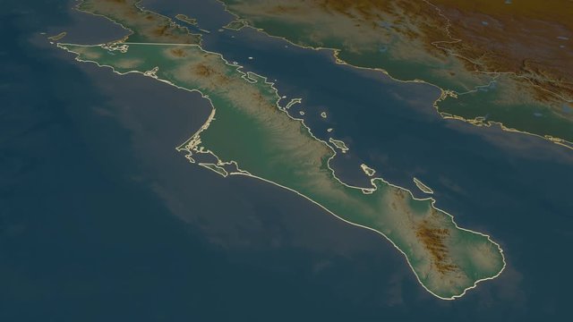 Baja California Sur, state with its capital, zoomed and extruded on the relief map of Mexico in the conformal Stereographic projection. Animation 3D