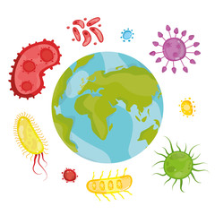 Vector illustration of Dangerous viruses threaten the planet. Epidemic. Pandemia. The Earth planet in danger. Help the planet. Bacteria and coronaviruses around the planet.