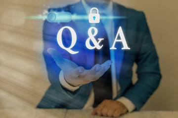 Text sign showing Q And A. Business photo text a period of time or an occasion when someone answers...