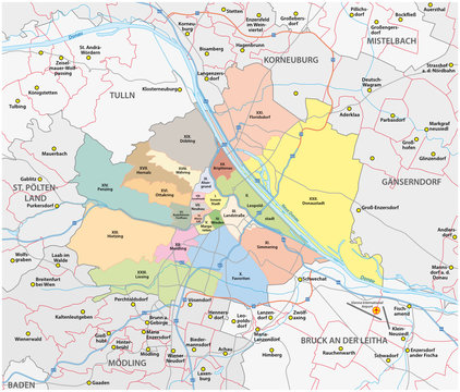 road and administrative vector map of the city of vienna and its surrounding communities