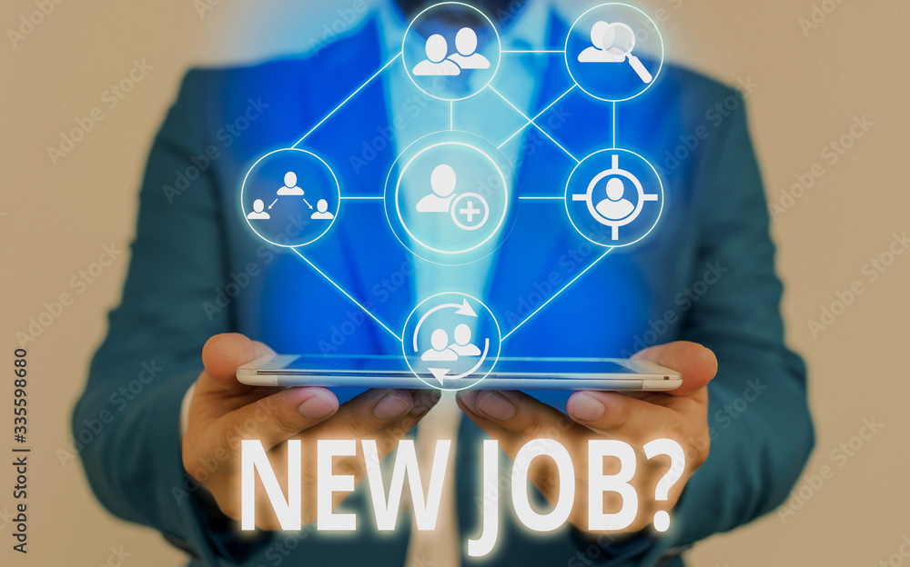 Aufkleber text sign showing new job question. business photo showcasing asking if a demonstrating got regular 
