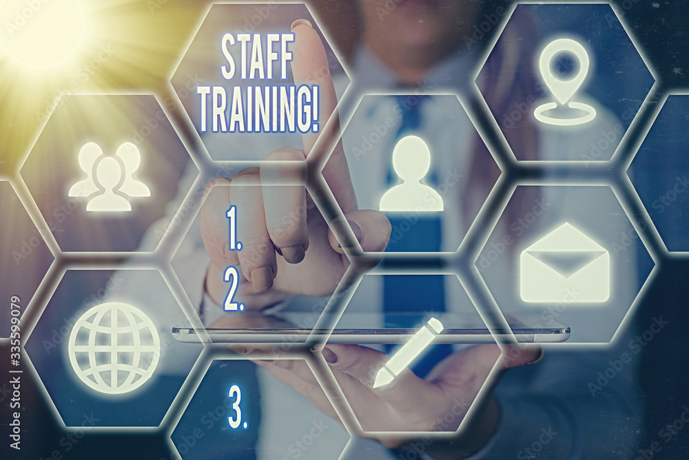 Poster word writing text staff training. business photo showcasing learn specific knowledge improve perform