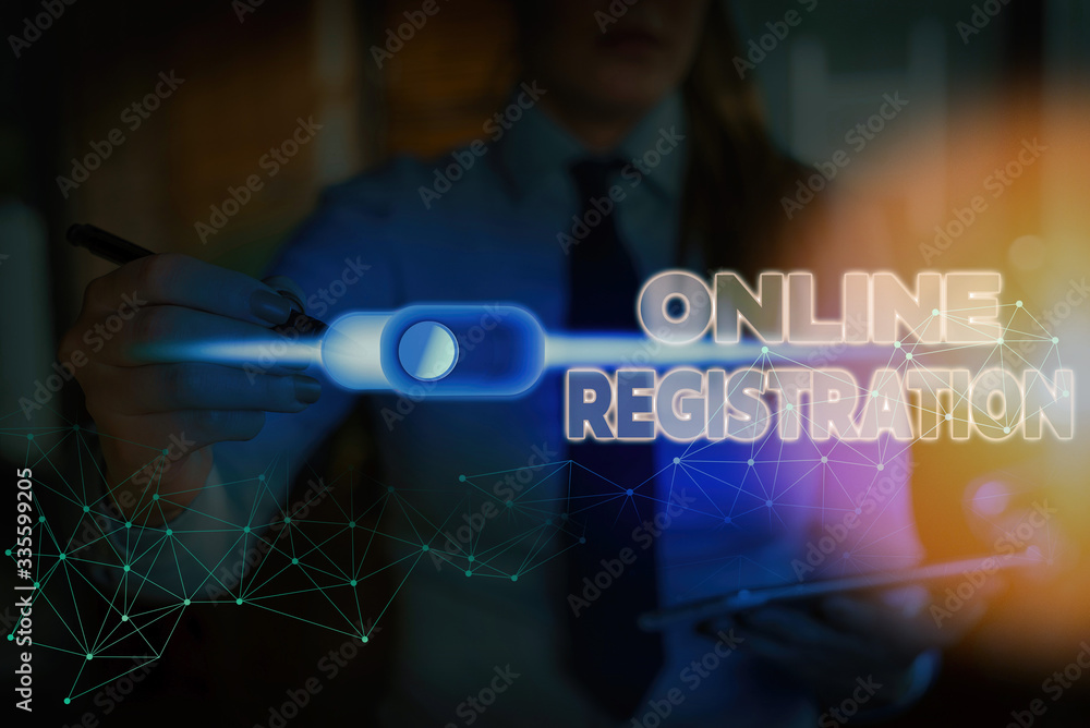 Poster text sign showing online registration. business photo text system for subscribing or registering via