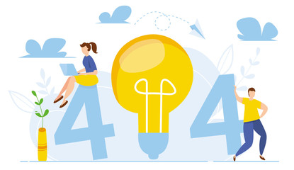 Modern vector illustration of 404 error. Page not found concept. Business concept of economic decline. Bulb lamp. Disconnection from the internet. Sad people without connection