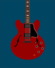 Red electric guitar. Hollow body guitar. Guitar made by wood. Play for fun and for life. Guitar by vector. - obrazy, fototapety, plakaty