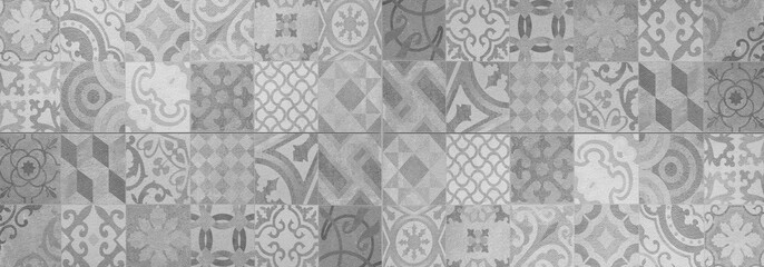 Gray white bright vintage retro geometric square mosaic motif cement tiles texture background...