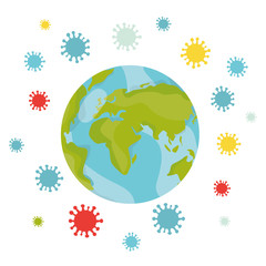 Vector illustration of COVID-19 coronavirus around Earth globe. Pandemic of nCov-19. Influenza virus epidemic. World problem. Flu infection. Coronavirus.