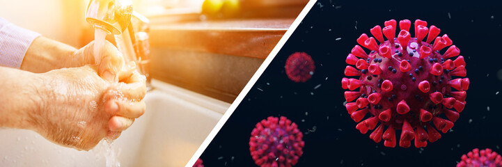 Elderly woman washing hands with soap and water against corona virus (3D Rendering)