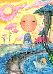 Plakat Boy at sea, watercolour, Photoshop. Time to think about the sea. This drawing about a boy dreaming about the fantastic seashore. The illustration can be used in journals, books, postcards, banners.