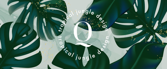 Monstera leaves horizontal banner, wide evergreen safari jungle background with gold lettering business text created in vector. Foilage jungle