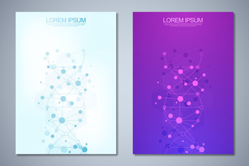 Template brochures or cover design, book, flyer, with molecules background and neural network. Abstract geometric background of connected lines and dots. Science and technology concept.