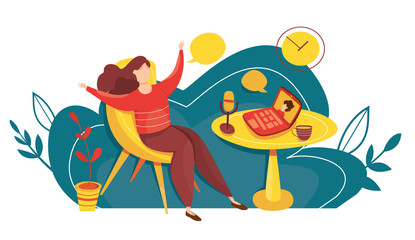 Modern vector illustration of podcasting. Live streaming. Podcast studio with radio host. Webinar, online training, tutorial podcast concept. Collaboration of bloggers and vloggers. Broadcasting.