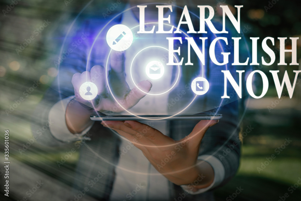 Aufkleber handwriting text learn english now. conceptual photo gain or acquire knowledge and skill of english 
