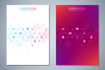 Fototapeta premium Template brochure or cover book, page layout, flyer design. Concept and idea for health care business, innovation medicine, pharmacy, technology. Medical background with flat icons and symbols.