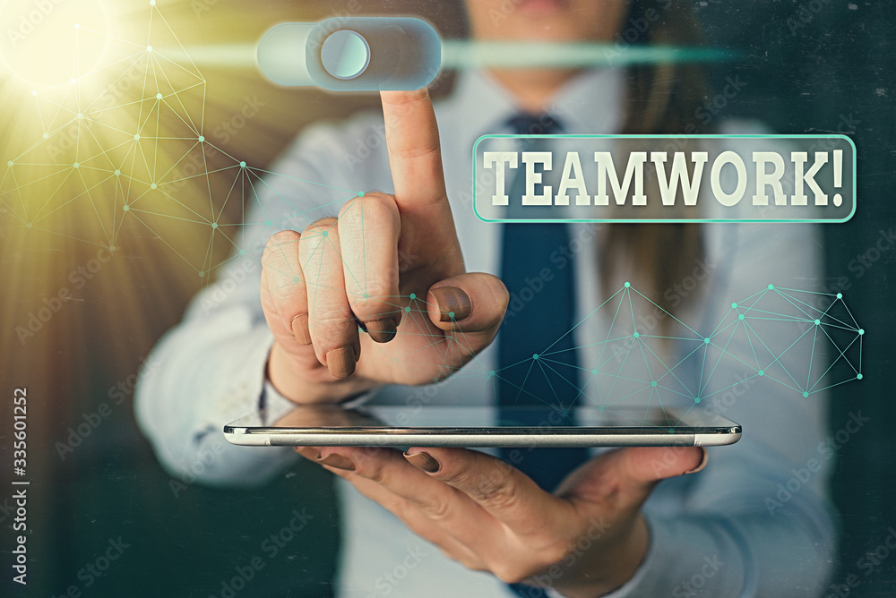 Aufkleber word writing text teamwork. business photo showcasing combined action of group especially when effec