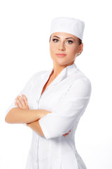 Portrait of a girl doctor on a white background. beautiful girl. treatment of people